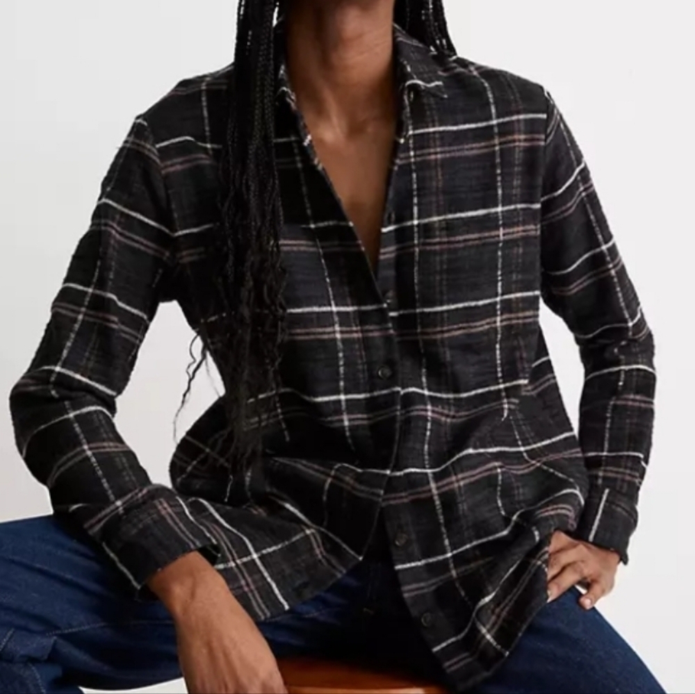 Madewell Slub Flannel Sunday Shirt Button Down Black Brown Cream Plaid L
